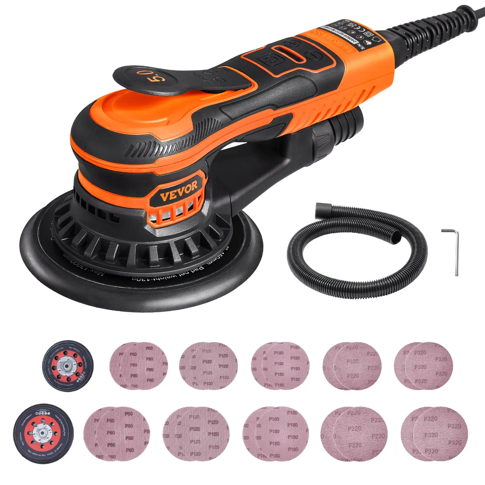 VEVOR 5/6-Inch Brushless Motor Random Orbital Sander, 350W Electric Palm Sander with 6 Variable Speeds Up to 10000 RPM, 20PCS Sandpapers, Dust Connector Hose for Woodworking Detailing Sanding