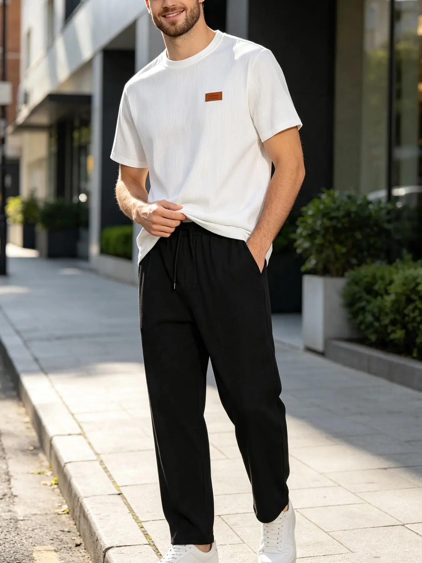 Men's 2 Piece Outfit Crinkle Textured Short Sleeve T-Shirt & Long Pants Set Summer Casual Sporty White Top Black Pants Elastic Waist Loose Fit Comfortable Daily Loungewear Gym Streetwear
