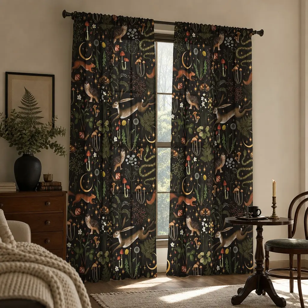 2 Piece Forest Animal Floral Print Curtains, Semi-Transparent Polyester Fiber, Rod Pocket Design, Ideal for Living Room, Kitchen, Bedroom Decor
