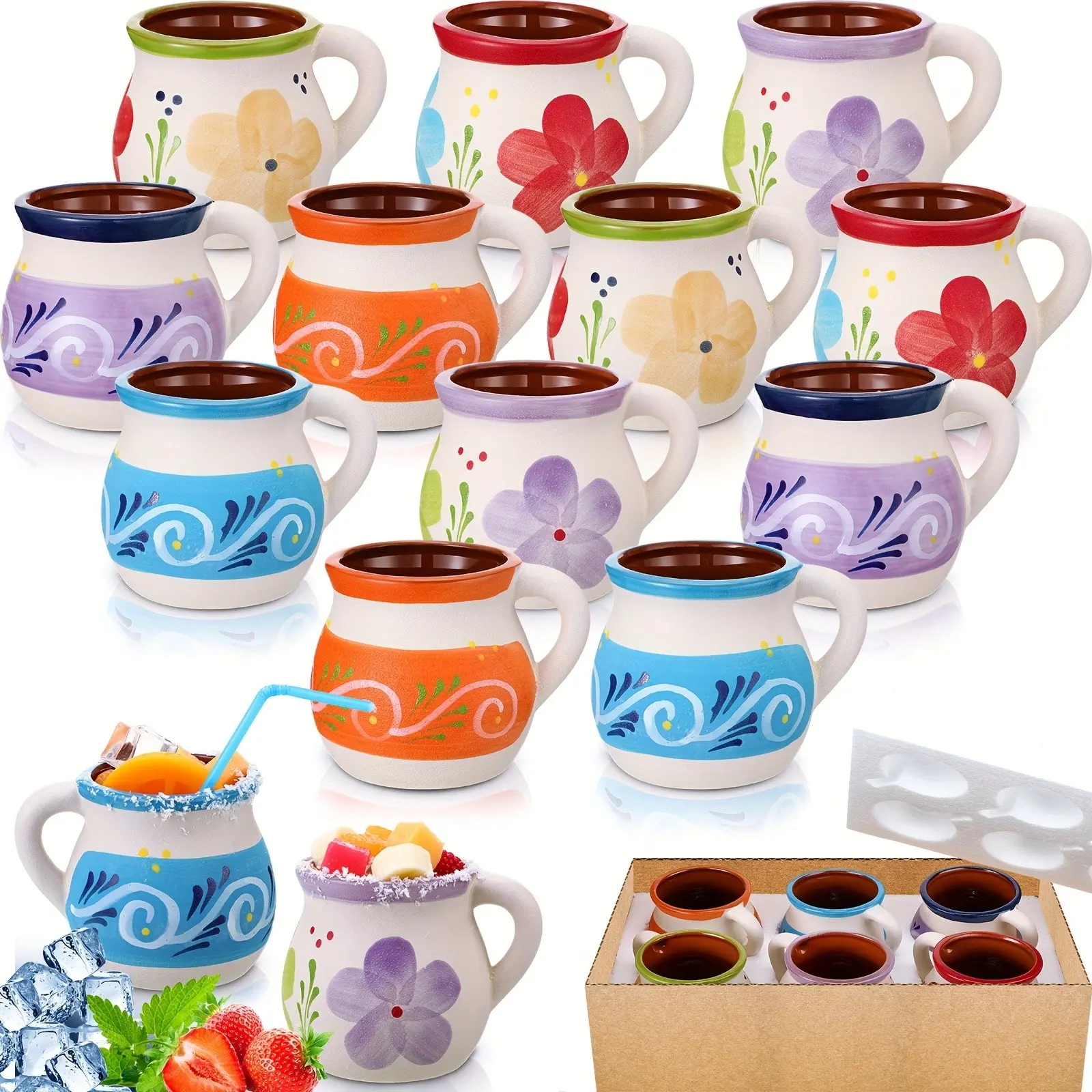 Pack Of 12 12oz Mexican Terracotta Mugs Clay Cups Artisan Made Coffee Mugs, Cocktail Glasses And Tea Cups for Cold Drinks, Hot Drinks, Decor