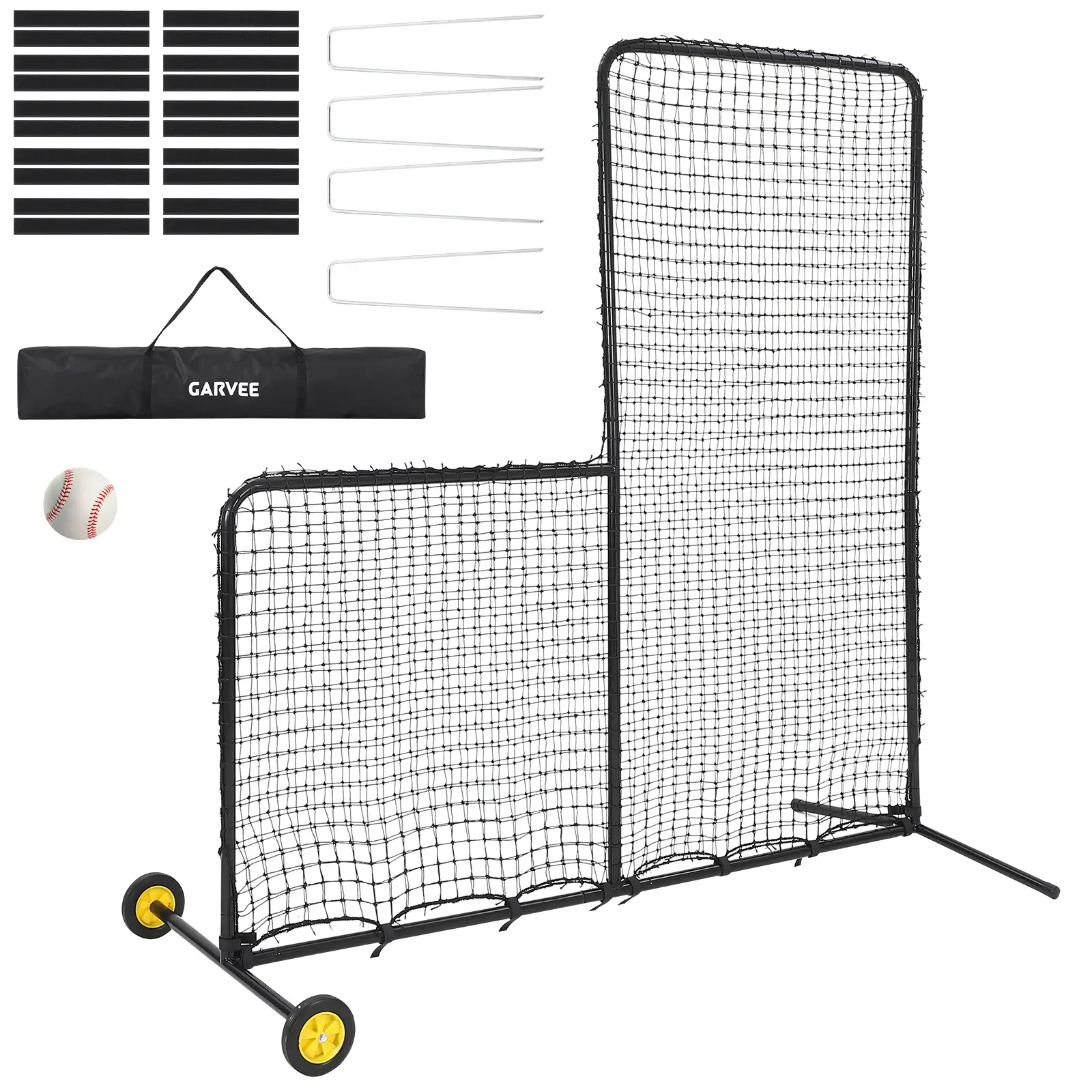 7x7FT l-Shaped Baseball Pitching Net with Wheels-Portable Baseball Pitcher Screen Netting,Heavy Duty Steel Protective l Screen for Batting Cage & Softball Practice