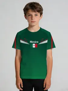 Boys' Sports T-Shirt, Mexico Dark Green Home Jersey Wing Flag, Minimalist Sporty Line Fan Crew Neck Short Sleeve, Soft Sweat-Wicking No Deformation, for PE Training Soccer Outdoor Party, Machine Washable Kids Gift