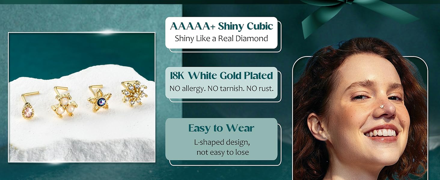YADOCA Gold Nose Rings Studs for Women - 20G Surgical Steel Nose Ring L Shaped Nose Piercing Jewelry Hypoallergenic CZ Heart Nose Studs Silver Rose Gold 16Pcs