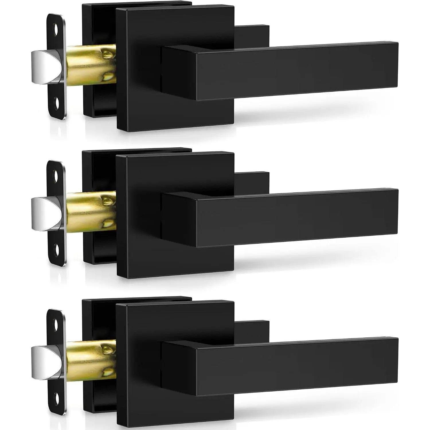 3 Pack Matte Black Door Handles, Passage Door Levers for Hallway & Closet, Interior Keyless Door Knobs Heavy Duty Square Non-Locking Handlesets, Reversible for Left & Right Sided Doors