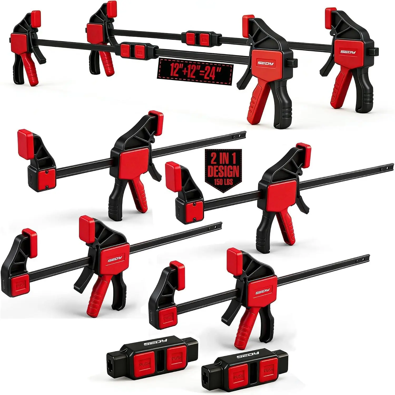 12-Inch Quick-Release Wood Clamps (6-Pack) for Woodworkers, 150 LBS Load Limit, 1-Handed Trigger Clamps, 2-Piece Connector, Extends to 24 Inches