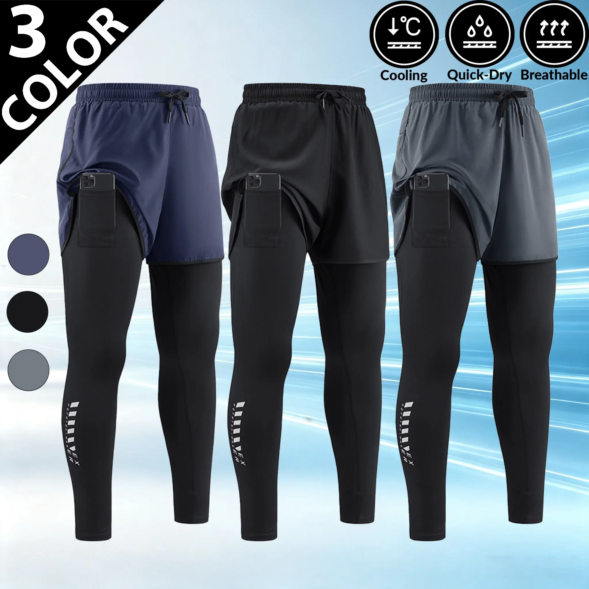 2026 Newly Upgraded Unisex Stretchy Gym Leggings - High-Stretch Polyester Sportswear Athletic Pants, Lightweight Summer Quick-Dry Fake 2-Piece, for Teens’ Yoga, Running Workouts