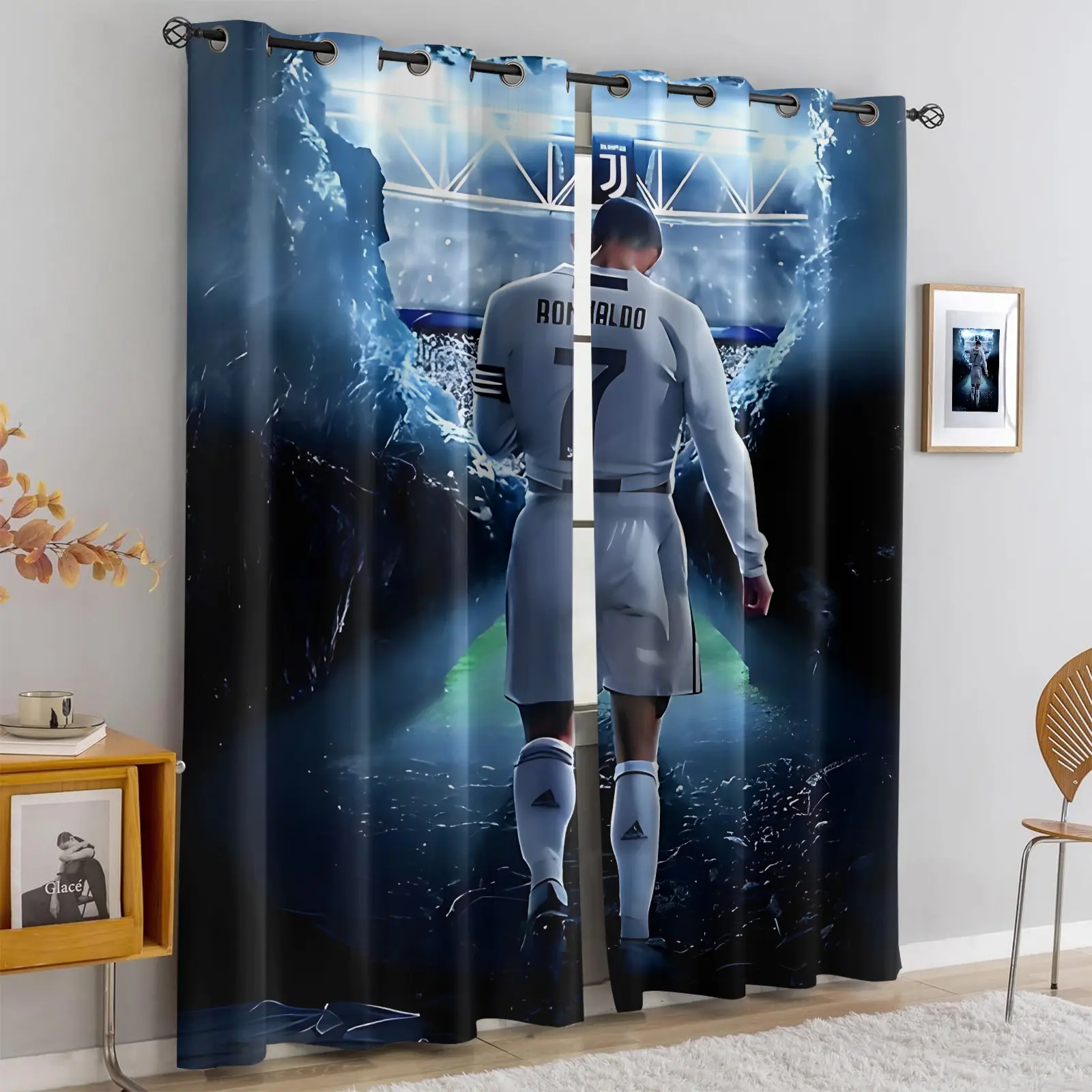 2-Pack Soccer Player Print Window Curtains, Iconic #7 Jersey Design, Sporty Theme, Boys' Bedroom, Fan Room, Top Grommets, Ready Made Curtains