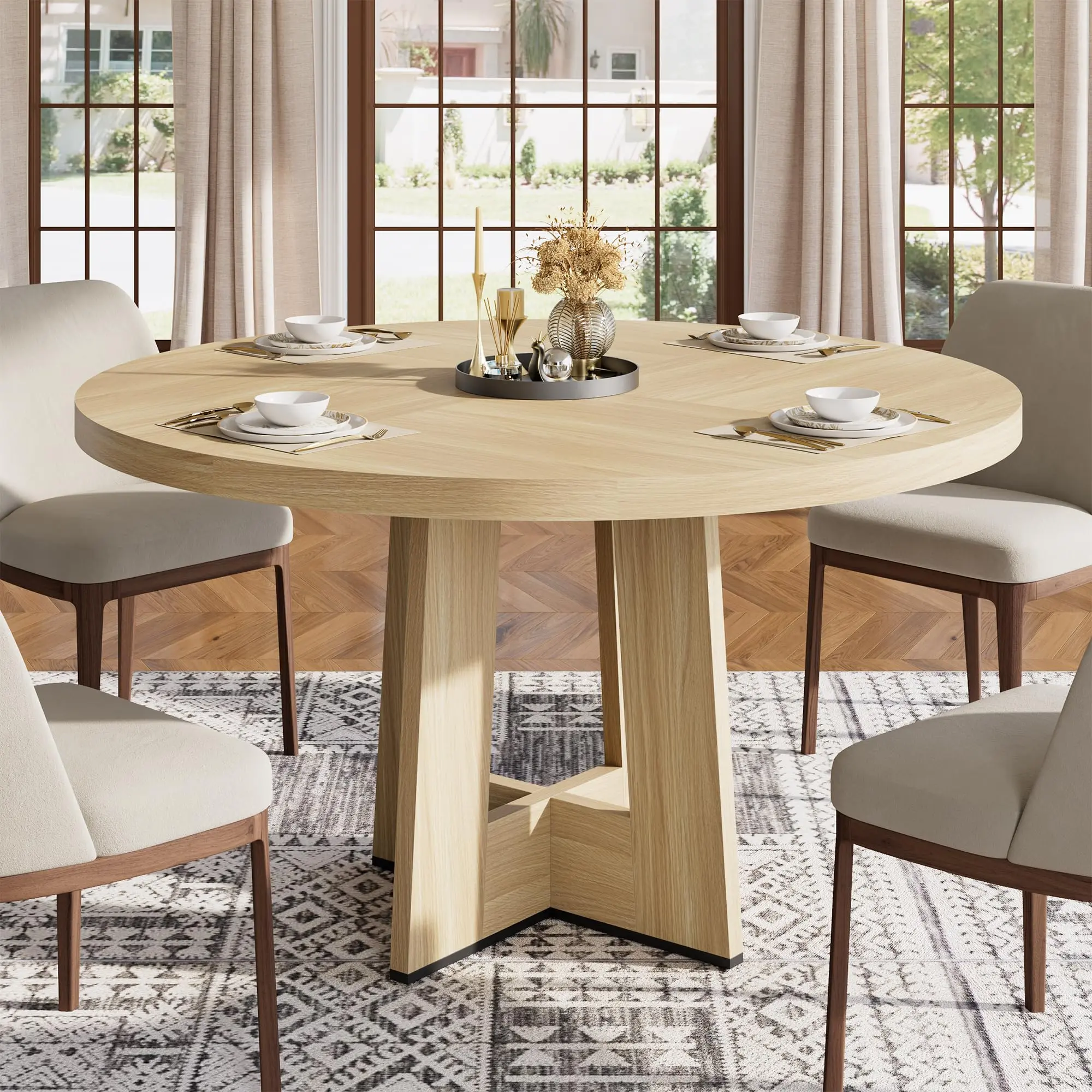 47" Round Shape Dining Table with Thick Edge and Sturdy Pedestal Base, Seats 4-6, Ideal for Kitchen, Dining Room, Table Only