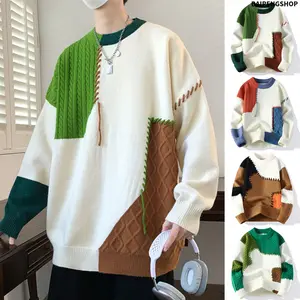 Men's ym44 Green Polyester Knitted Pullover Sweater - American Street Style Minimalist Long-Sleeve Round Neck Top, Skin-Friendly High-End Casual Knitwear with Dopamine Colors, Versatile for Daily Wear & Fall Winter