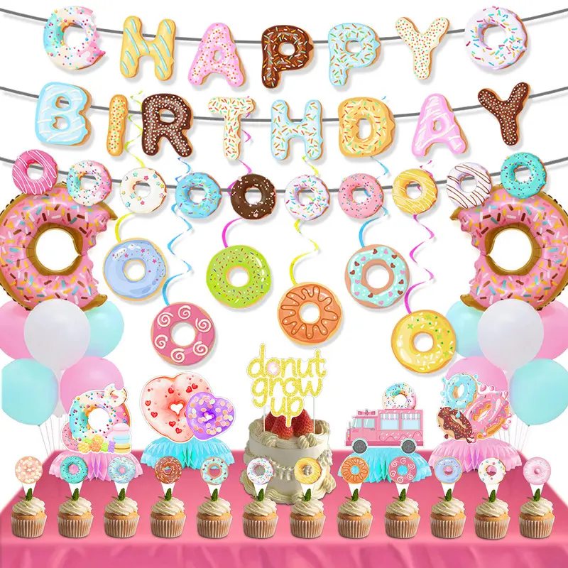 Donut Themed Birthday Party Decor Kit, Happy Donut Birthday Banner & Honeycomb Centerpieces, Kids Birthday & Baby Shower Sweet Candy Party Supplies Party Pack