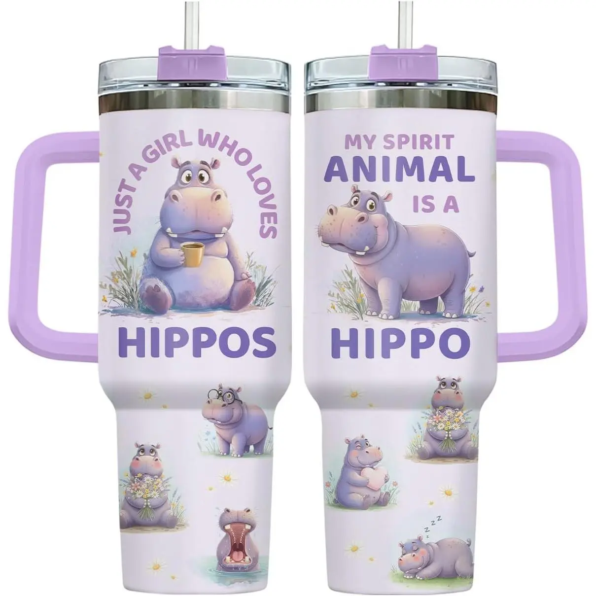 Cute Hippo 40 oz Tumbler With Handle and Straw, Just a Girl Who Loves Hippos Stainless Steel Insulated Travel Coffee Mug, Funny Hippo Lover Cup Water Bottle, Birthday Gifts for Women