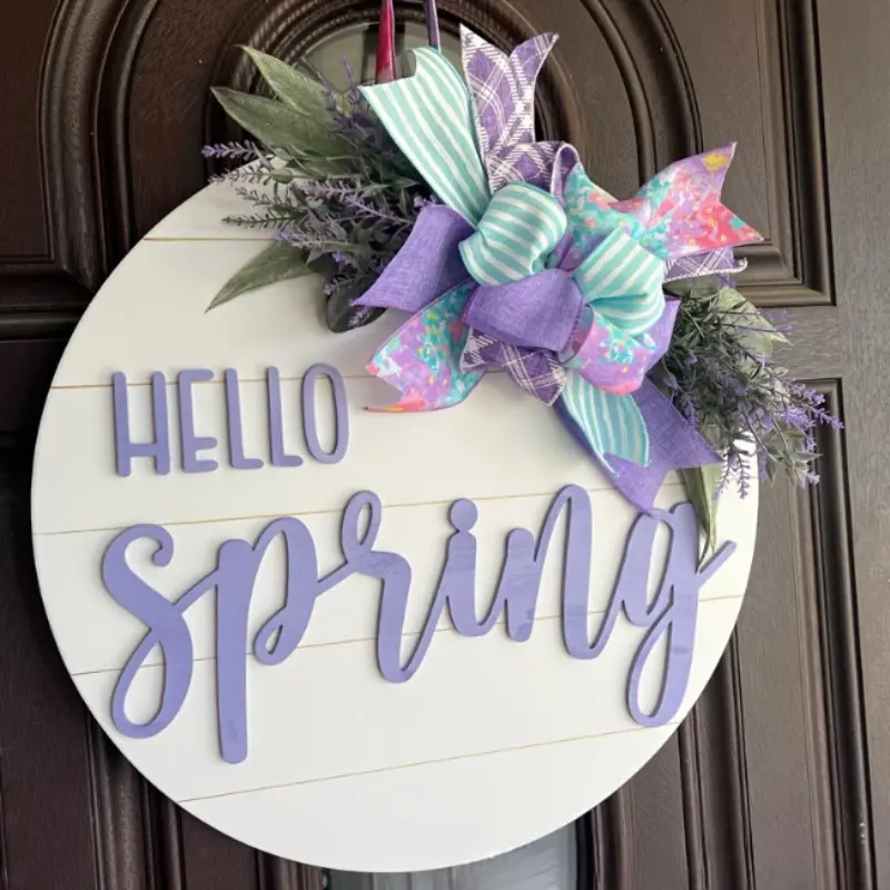 Welcome Spring Door Hanger Wreath, Lavender and Flower Cluster Wooden Wreath, Halloween Christmas Indoor Outdoor Wall Decor