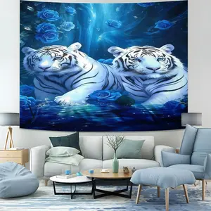 White Tiger Rose Pattern Tapestry, 1 Fashionable Room Flag, Artistic Home Decoration, Suitable For Teenagers, Adults, Bedroom, Living Room, Dormitory Scenes
