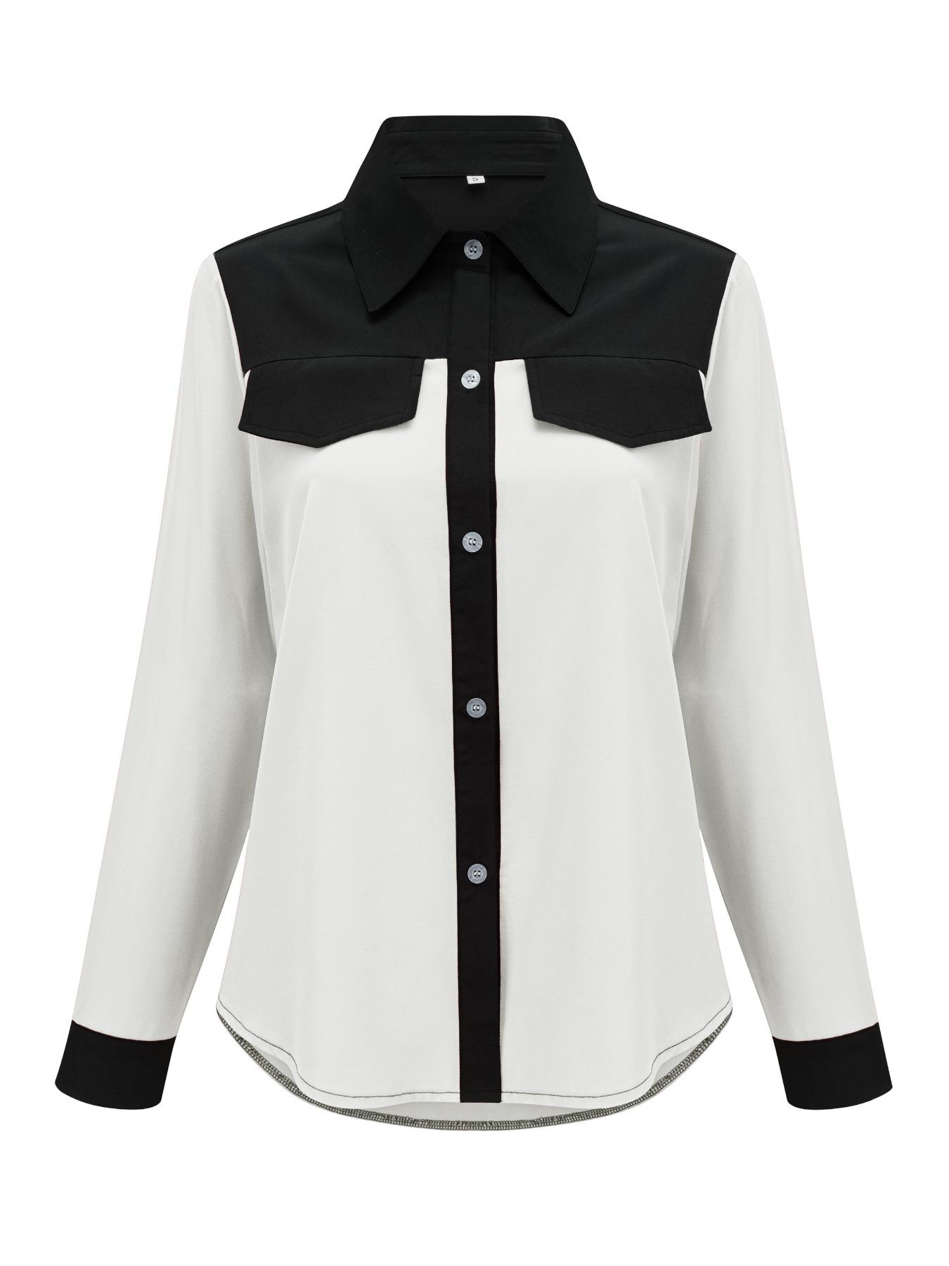 Women's Colorblock Flap Detail Button Front Shirt Blouse, Elegant Long Sleeve Collared Top for Spring & Fall, Fall Tops, Ladies Clothes for Work Office Business