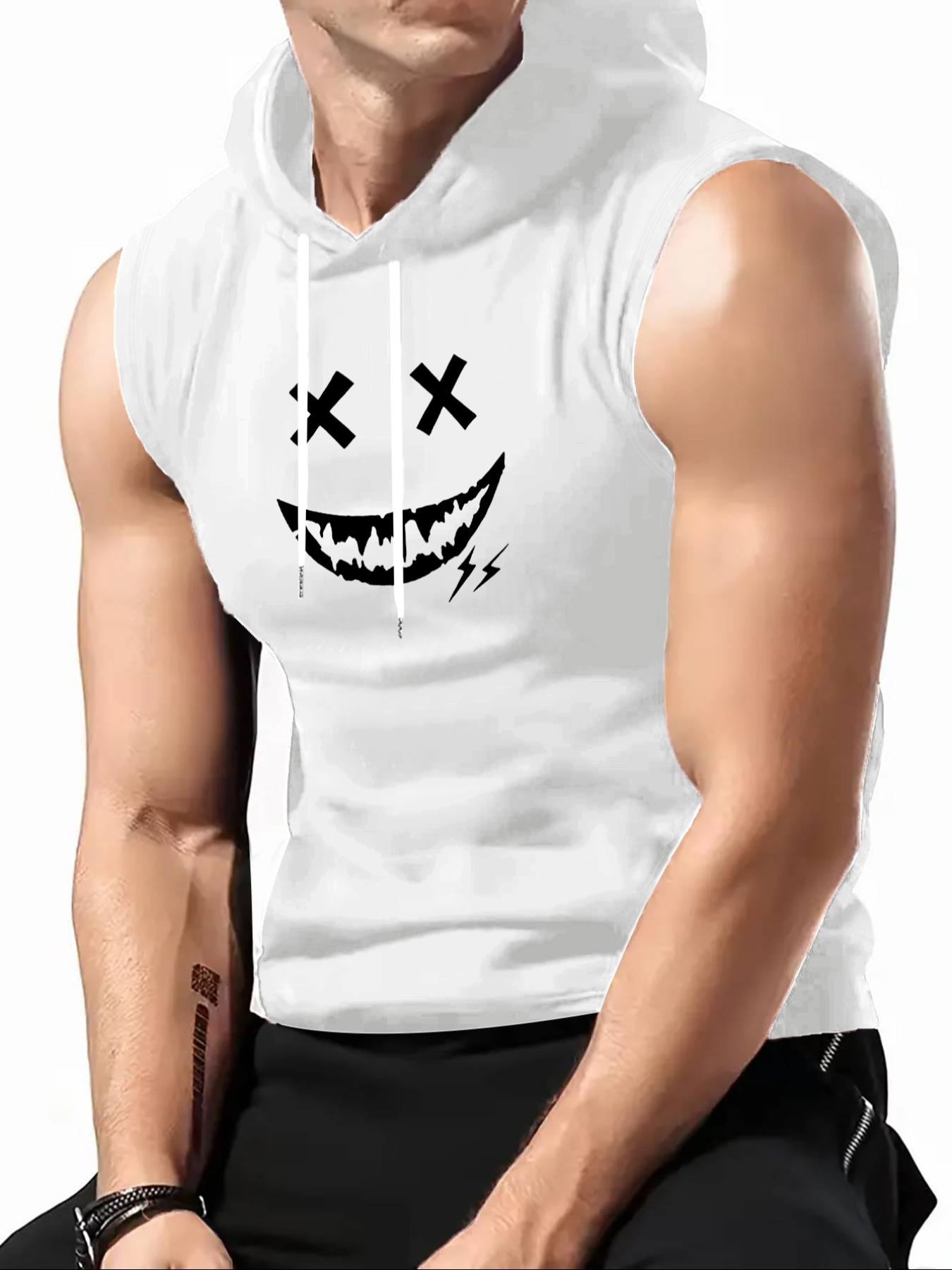 Men's Regular Fit Smile Face Print Tank Hoodie, Casual Graphic Sleeveless Hoodie for Summer, Fashion Men's Top for Daily Wear, Sweatshirts, Hot Trending Hoodies, Casual Sports Hoodie, Casual Streetwear