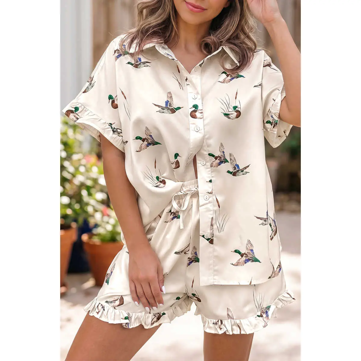 Beige Mallard Print Shirt Style Short Two Piece Set