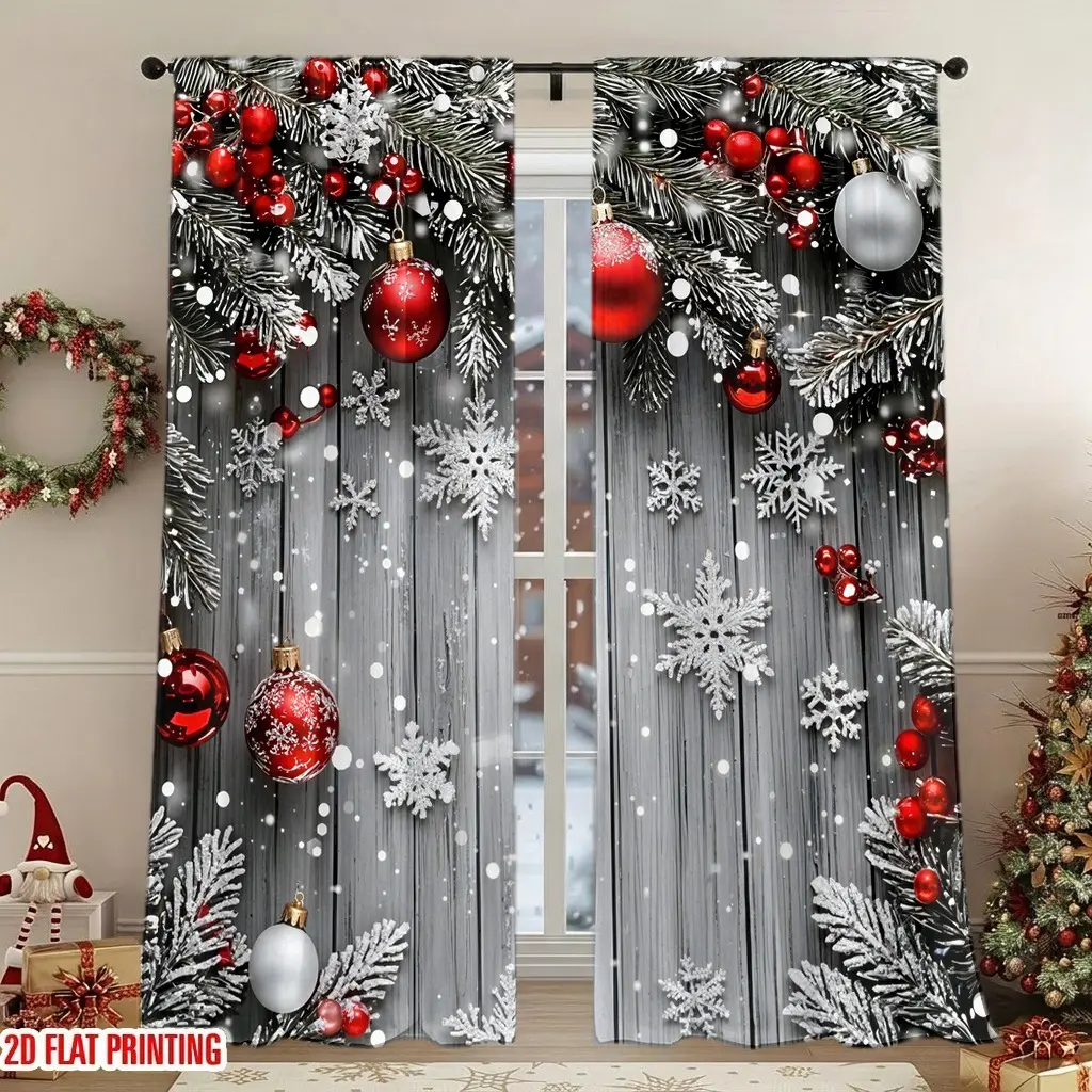 2Pcs Christmas Festive Snowflakes Ornaments Pine Branches Curtains, Digital Printing, Light Filtering Privacy Protection, for Living Room Bedroom Study Home Decoration