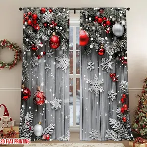2Pcs Christmas Festive Snowflakes Ornaments Pine Branches Curtains, Digital Printing, Light Filtering Privacy Protection, for Living Room Bedroom Study Home Decoration
