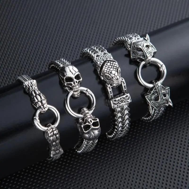 Men's Retro Punk Wristband, Stainless Steel Link Chain with Skull, Snake & Beast Heads - Adjustable Fashion Wristwear, Men's Accessories, Bracelet Wristband, Fashion Bracelet, Gothic Stainless Steel