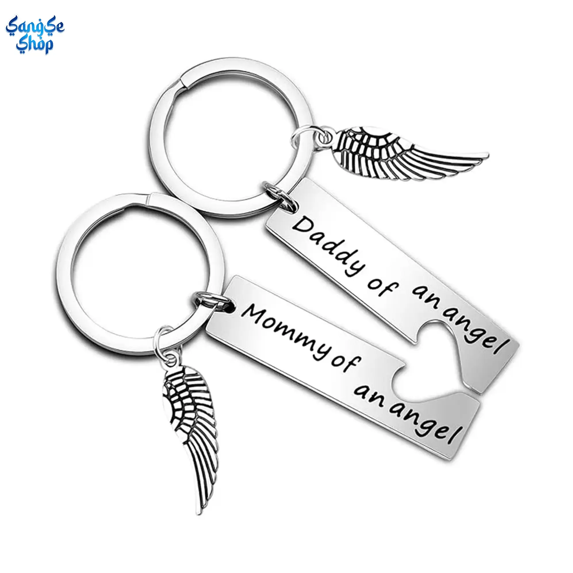 Keychain Series 2-Piece Set, Stainless Steel Angel Wing Matching Heart Charms, Memorial Keepsake for Grieving Parents, Unisex Sympathy Gift