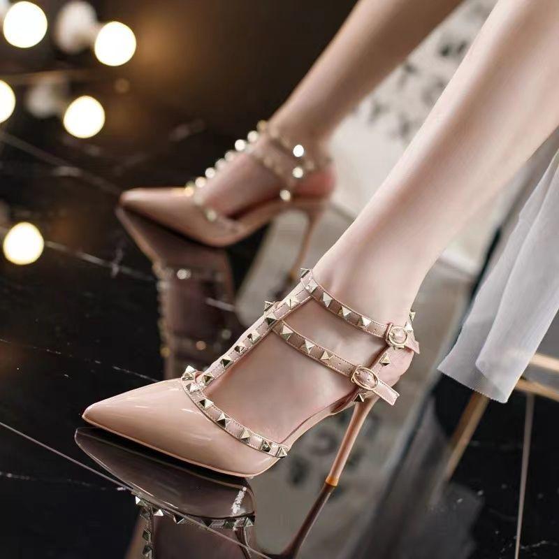Fashionable Pointed Toe Stiletto Sandals for Women Fairy Style Studs Versatile Spring High Heels Large Sizes