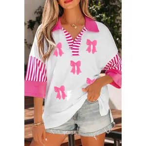 White Sequin Bow Pattern Striped Color Block Collar Half Sleeve Shift Top