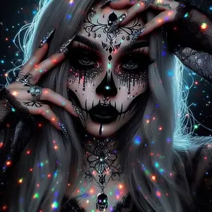 5D Dark Style Day of the Dead Theme Diamond Painting, Starry Sky Atmosphere Skull Makeup Character Full Diamond Sticker Decorative Painting, Art Decor Handmade DIY Diamond Sticker Painting for Living Room, Bedroom, Entrance Hall Women's Clothing