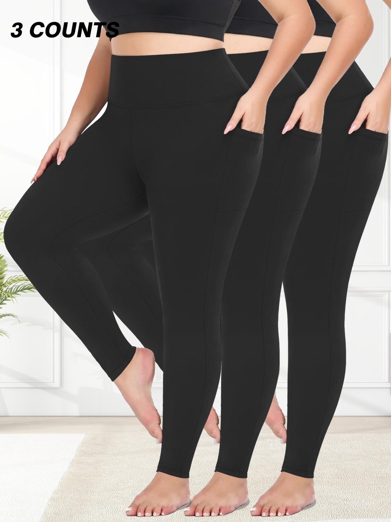 Plus Size Solid High Waist Pocket Leggings, Casual Comfy High Stretch Skin-friendly Skinny Pants for Women, Women's Bottoms for All Seasons