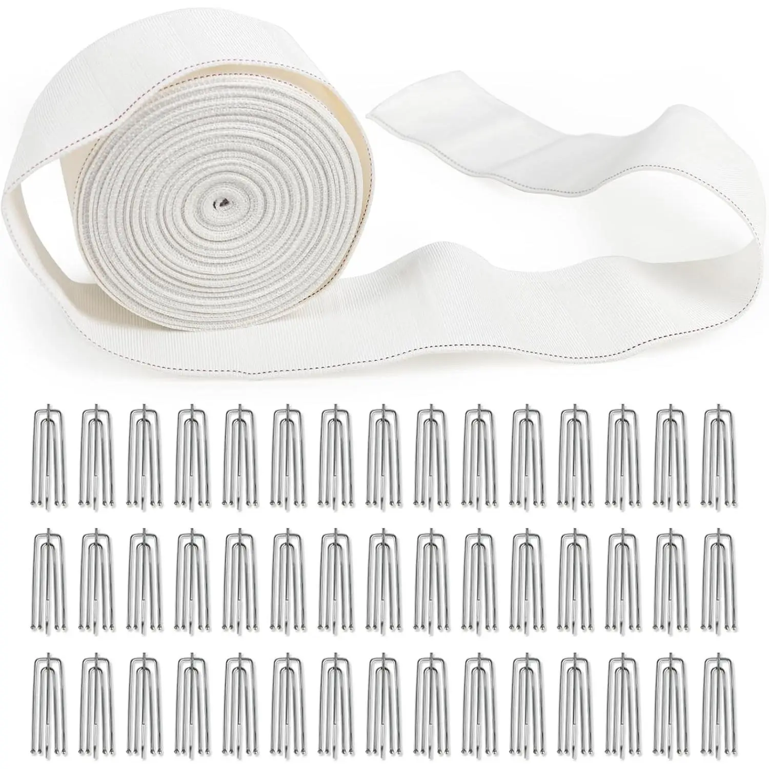 13 Yards White Curtain Pleat Tape with 45 Stainless Steel 4 Prongs Pinch Pleat Curtain Hooks, DIY Drapery Pleating Tape for Window Drapes