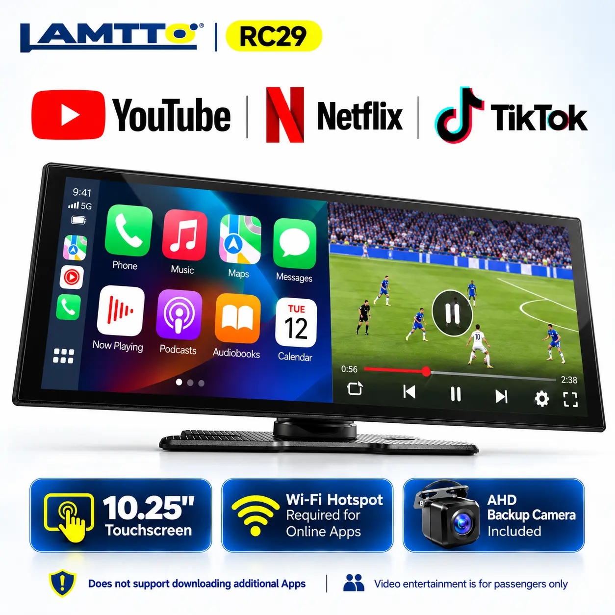 LAMTTO 10.25" Wireless CarPlay & Android Auto Screen for Car, Built-in YouTube, Netflix & TikTok, Dual Bluetooth, Split Screen & AHD Backup Camera Wireless Carplay Touchscreen Carplay Screen Compatible