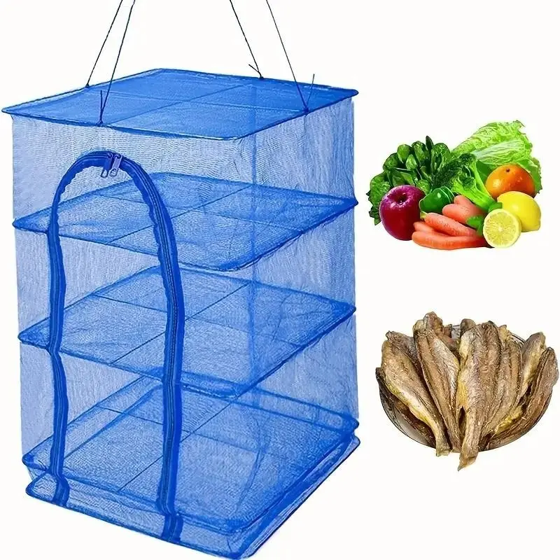 3-Layer Foldable Drying Rack, Portable Breathable Mesh Net for Meat, Fruits, Vegetables, Fish, Shrimp, Metal Hanging Food Dehydrator, Outdoor Dryer with Hooks