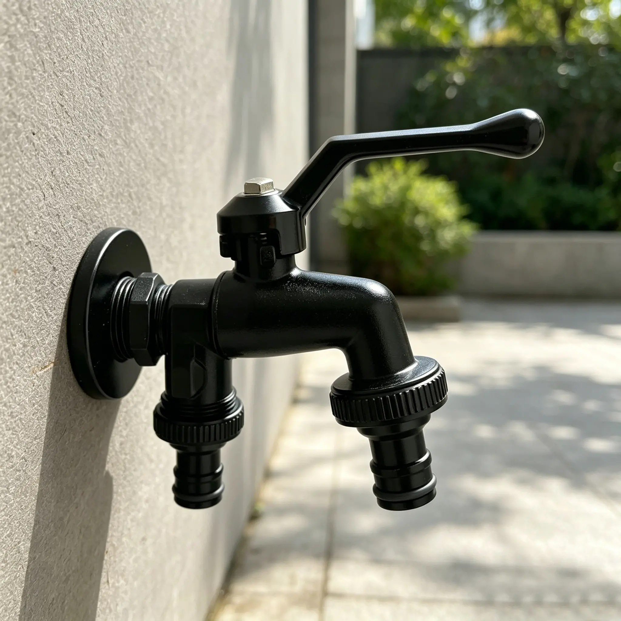 All black zinc alloy outdoor faucet, durable outdoor faucet with double hose connection - antifreeze, dual outlet design, suitable for garden hose watering, washing machine and lawn care, garden faucet converter, Watering Tool