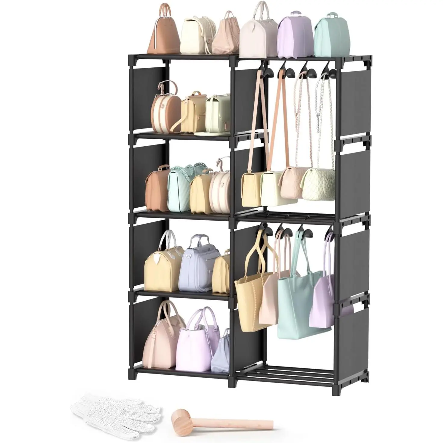Tall Purse Organizer With Movable Hooks,Purse Rack Stand Storage For Closet, High-Capacity Handbag Organizer, Multi-Purpose Purse Holder Shelf,Space Saving Floor-Standing Bag Display