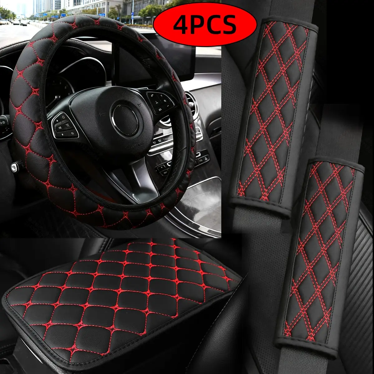 4pcs New Fashion PU Leather Car Interior Set, Interior Car Accessories, Includes Steering Wheel Cover, Center Console Tray Pad, Seat Belt Shoulder Protector, Multiple Colors Available
