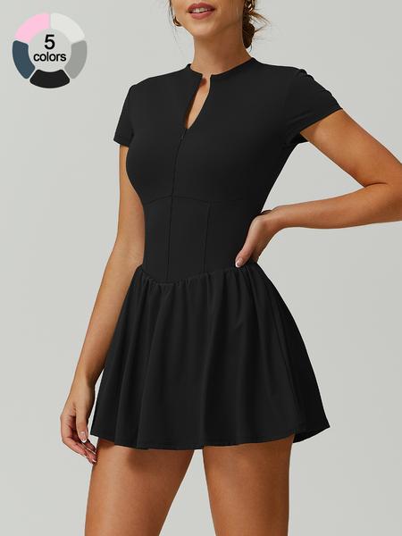 Women's Sporty Zipper Waist Golf Tennis Dress Skirt, Above Knee Tight-Fit Short Sleeve Summer with Storage Pockets Golf Athletic Dress