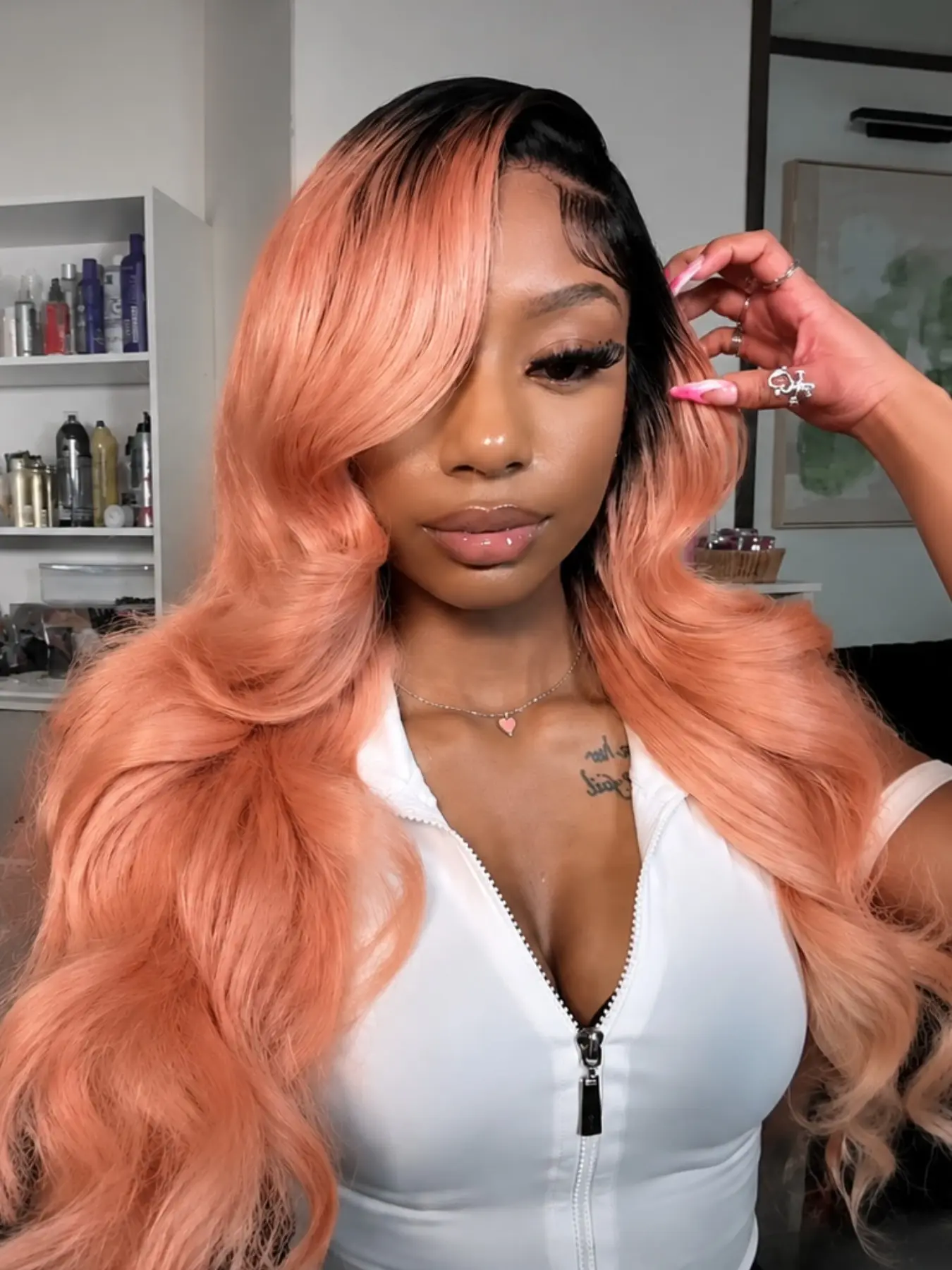 26 Inch Black Roots Pink Body Wave Lace Front Wig Heat Resistant Synthetic Hair Glueless Natural Hairline for Daily & Party Wear