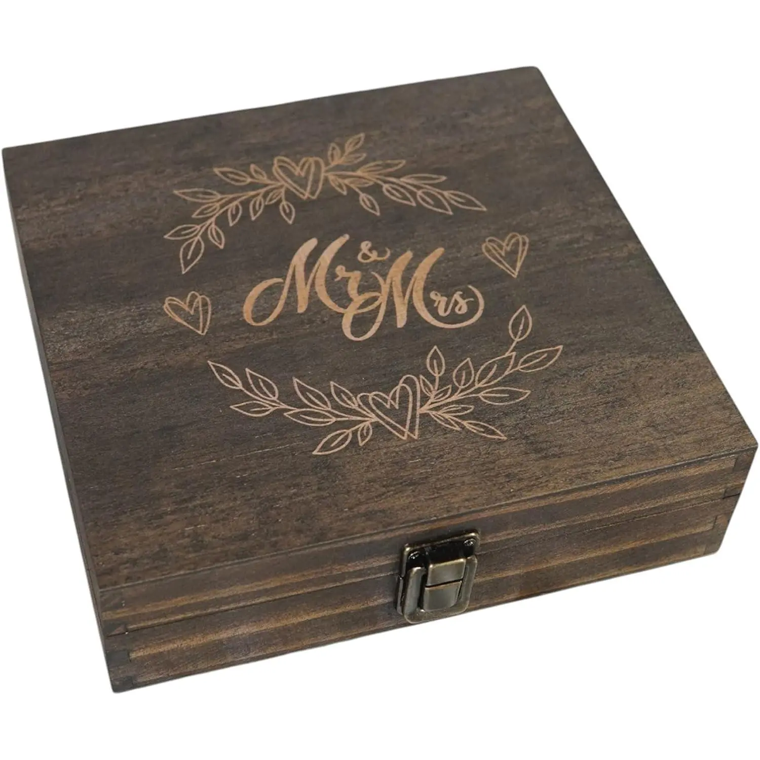 Mr and Mrs Wedding Memory Box- Wooden  Box with Lid for Couples, Rustic Storage Box for Cards, Photos & Mementos, Wedding Anniversary & Engagement - 8.5 x 8 x 2.4 Inches