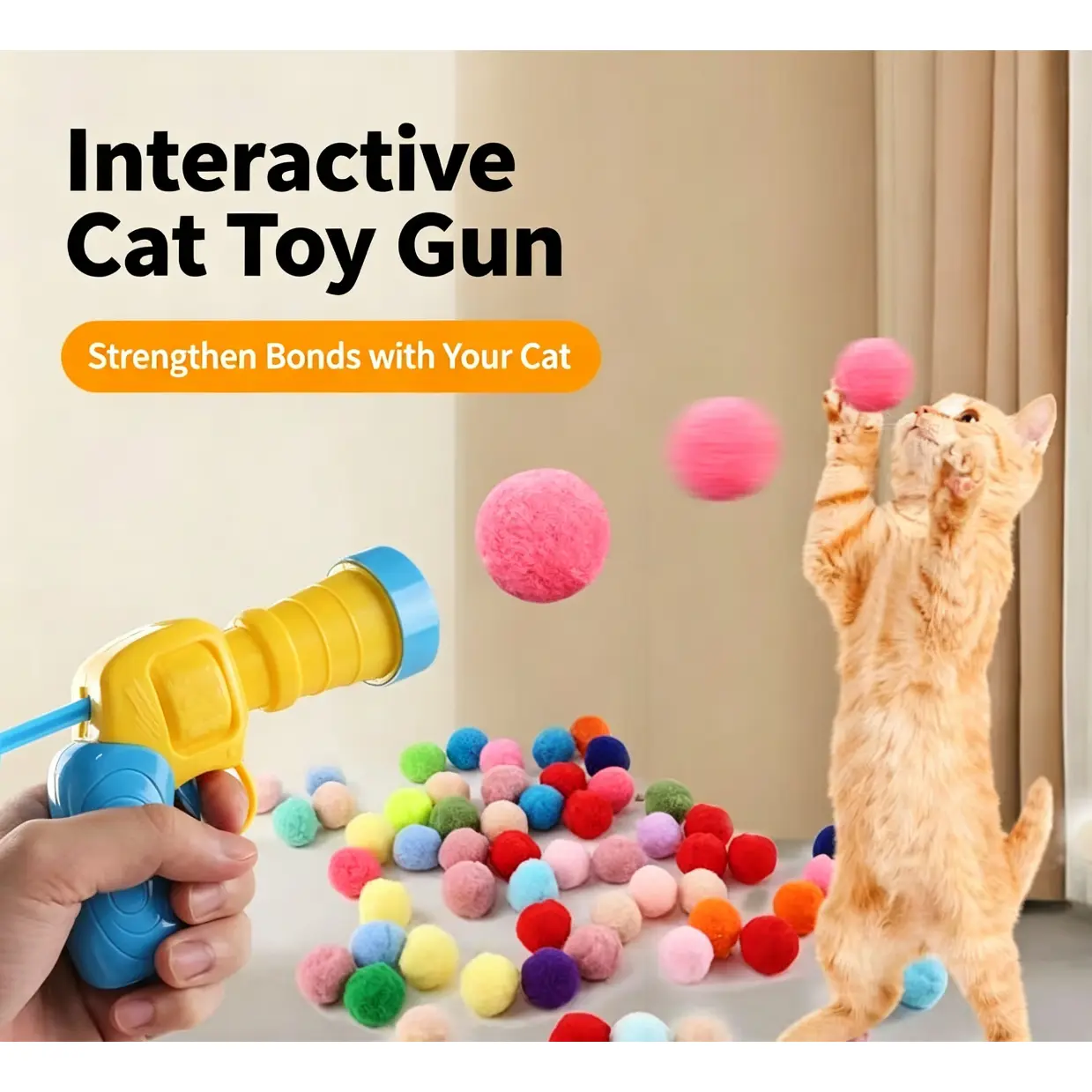 Plush Ball Launcher Cat Toy Silent Elastic Polyester Ball Interactive Self Play Wand For Indoor Cats Kittens Stress Relief Great Pet Supplies Smart Pet Home Gift