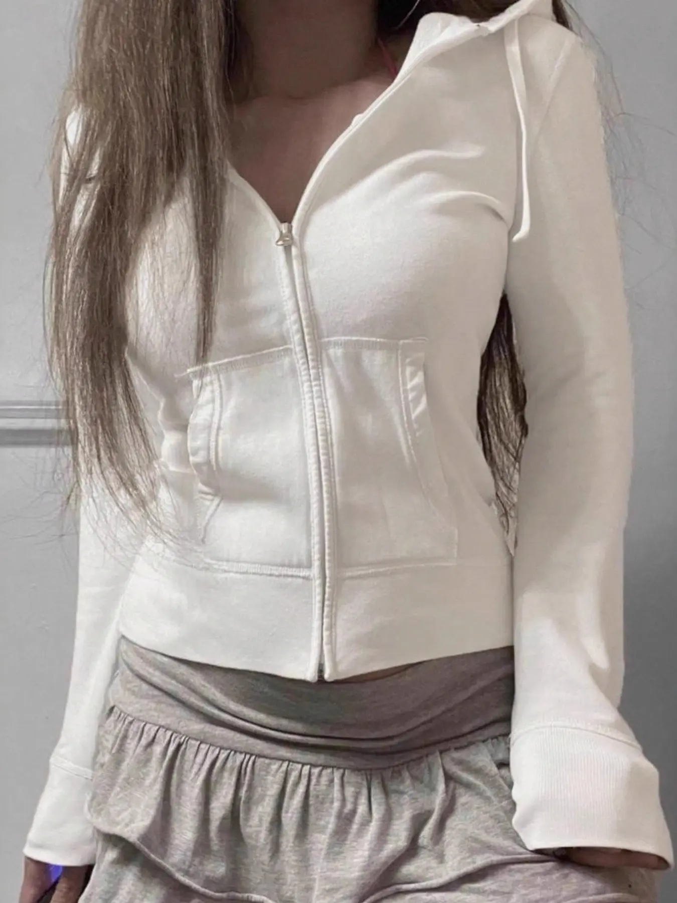 Women's Y2K Style Zipper Hoodie, College Hoodie, Slim-Fitting Long Sleeve Casual Sweatshirt, Spring & Fall Fashion, Solid Pattern, Comfortable and Stylish, Chic