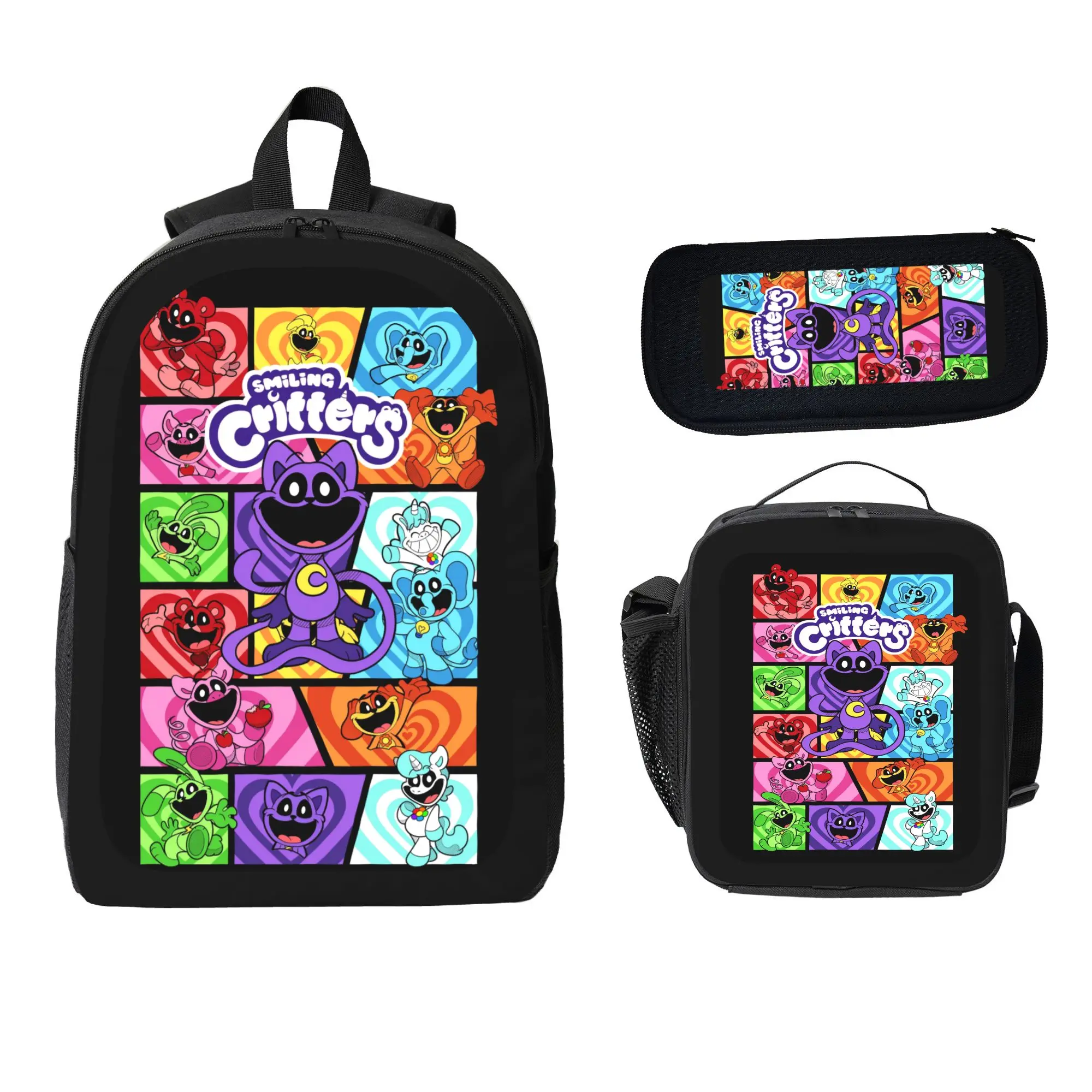 Smiling Critters 3-Piece Backpack Set Cute Cartoon Backpack Lunch Bag Pencil Pouch Perfect Back to School Gift for Young Fans