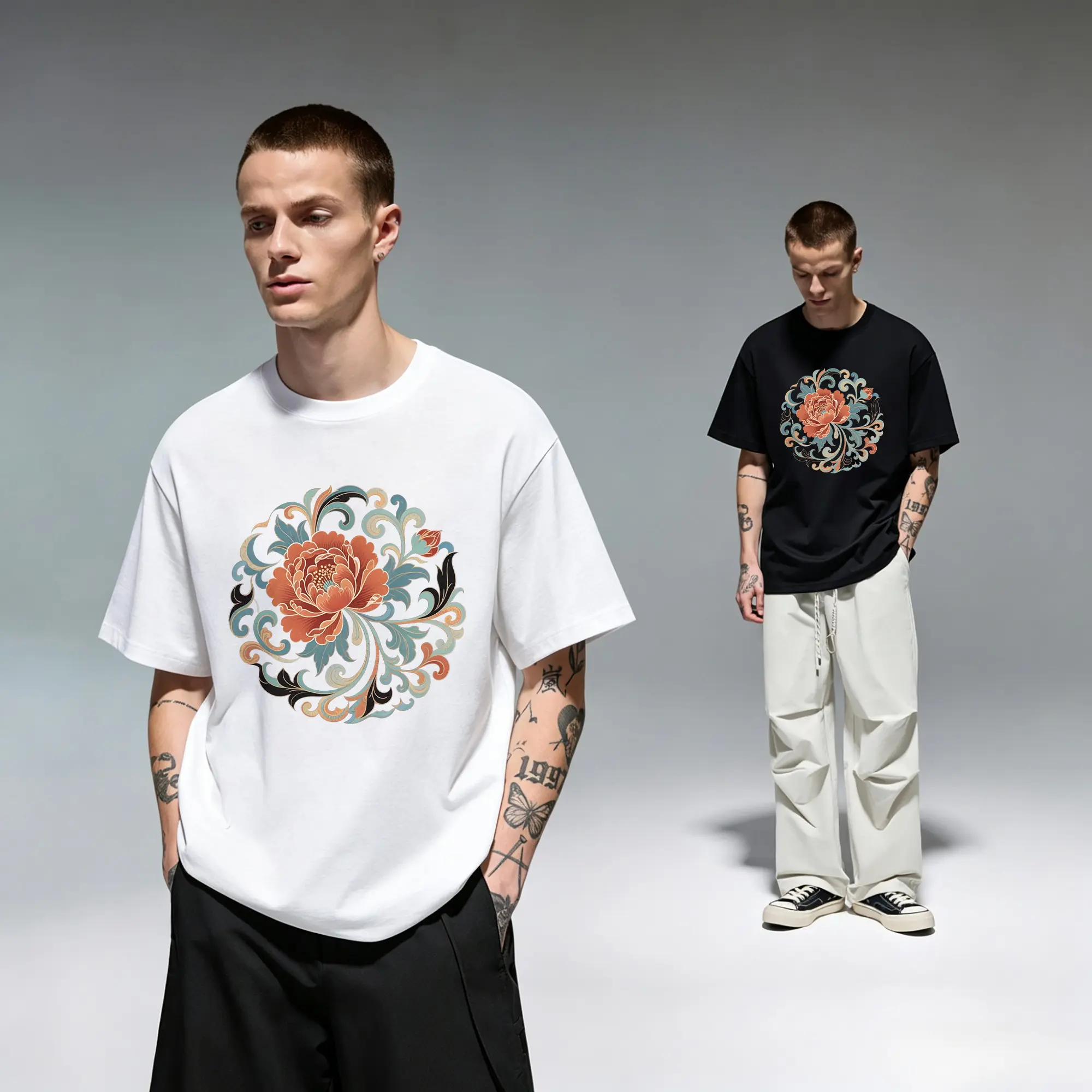 Chinese Peony Floral Oriental Traditional Pattern Art Original Oversized Cotton Graphic Tee T-Shirt for Men Gift Cutting Ideas Women Teen Girls Vintage Botanical Aesthetic Chinoiserie Casual Everyday Wear Urban Streetwear Apparel Outfit Top