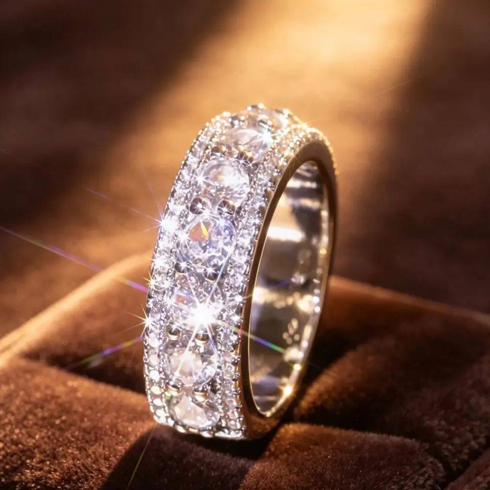 Elegant Copper Wide Eternity Band Ring - Multi-Layer Full Pave Round Stones, Stackable Plain Statement Band for Engagement, Heart-Themed Special Occasions