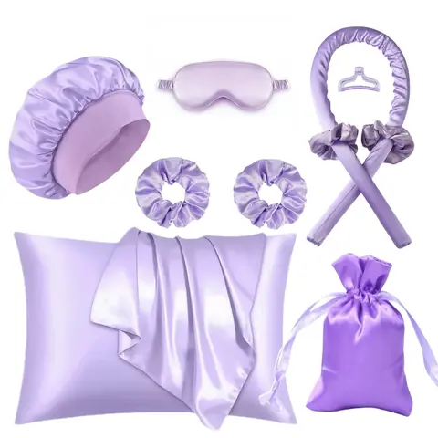 9 Piece Satin Sleep Hair Care Handy Set, Includes Pillowcase, Sleeping Masks, Bonnet, No Heat Curling Iron Band, Hair Ties, Hair Clip, Storage Bag