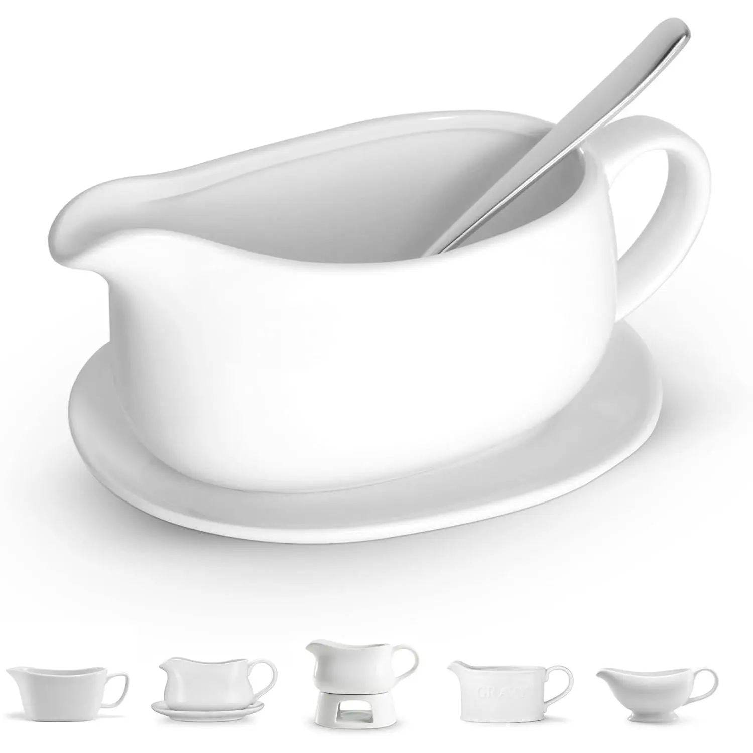 Gravy Boat & Saucer, Ceramic Serving Dish, Dispenser with Tray for Sauces, Dressings and Creamer, Large Handle, Microwave and Dishwasher Safe, White 23.8 oz (Gravy Boat with Spoon)