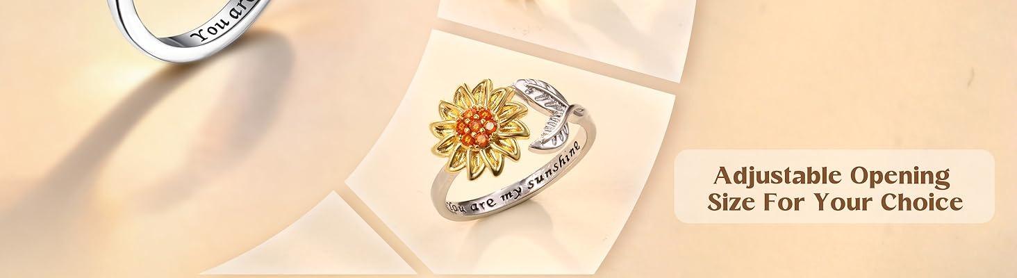 MILACOLATO 2Pcs Silver Anxiety Rings for Women Sunflower Fidget Ring You are My Sunshine Anxiety Ring Moonstone Anti Stress Ring Adjustable Open Spinner Rings for Anxiety Women