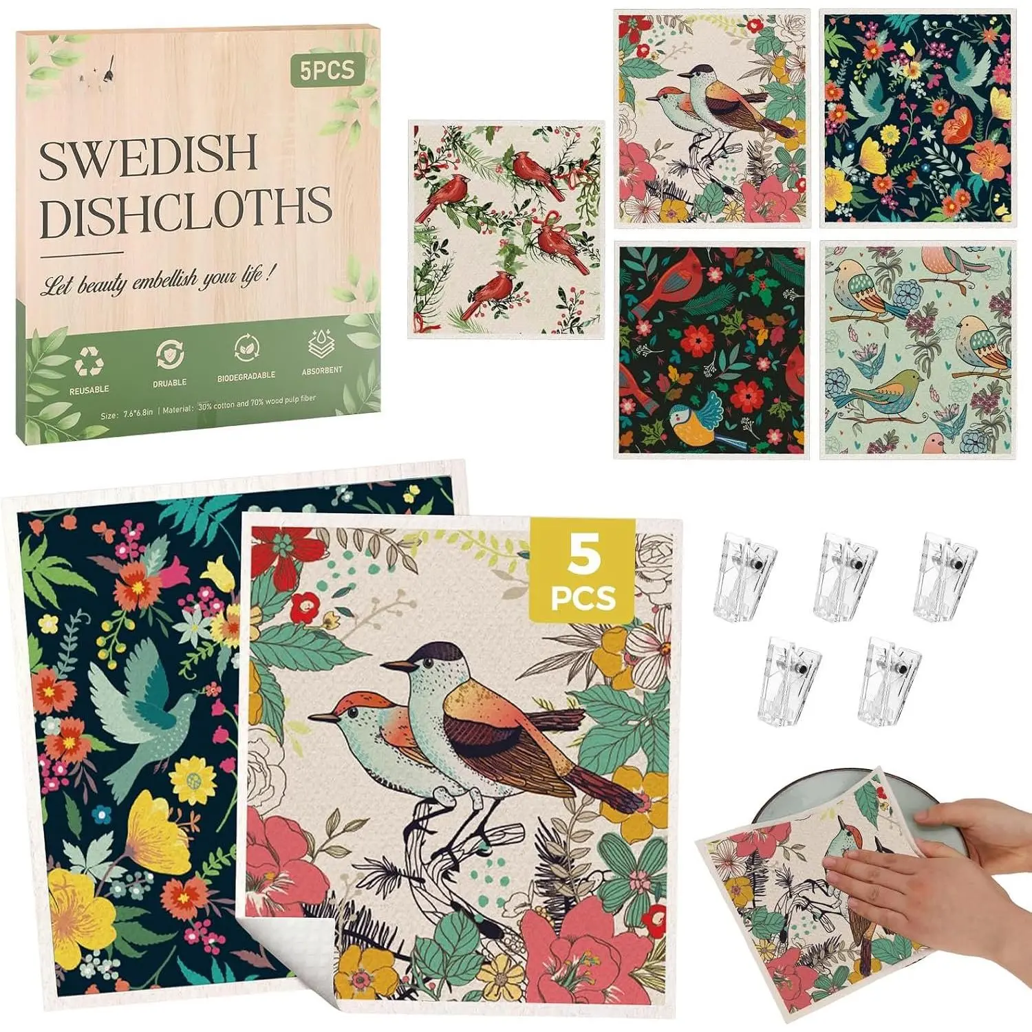 5 Pack Swedish Dishcloths,  Kitchen Towels, Birds  | Non-Scratch Kitchen Towels and Dishcloths Sets, Washable Swedish Dish Cloths with Clips, for Dishes, Counters, Glass, Sink