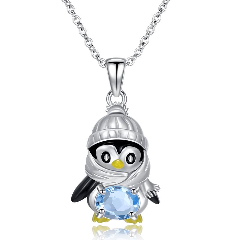 Penguin Necklace for Women 925 Sterling Silver Genuine Swiss Blue Topaz Lovely Ocean Sea Animal Pendant Ladies Jewelry Easter Birthday Gifts for Mother
