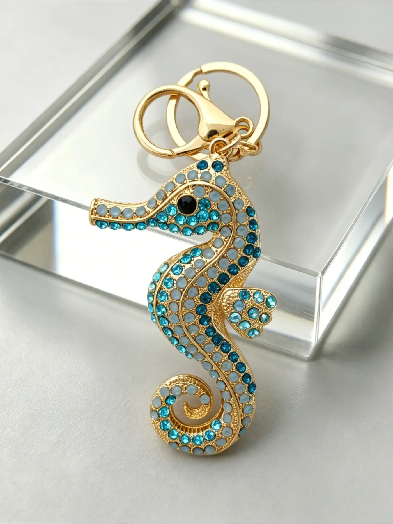 Blue Rhinestone Seahorse Keychain Bling Ocean Animal Bag Charm Pendant,Beach Vacation Gift For Girls Women Backpack Decor