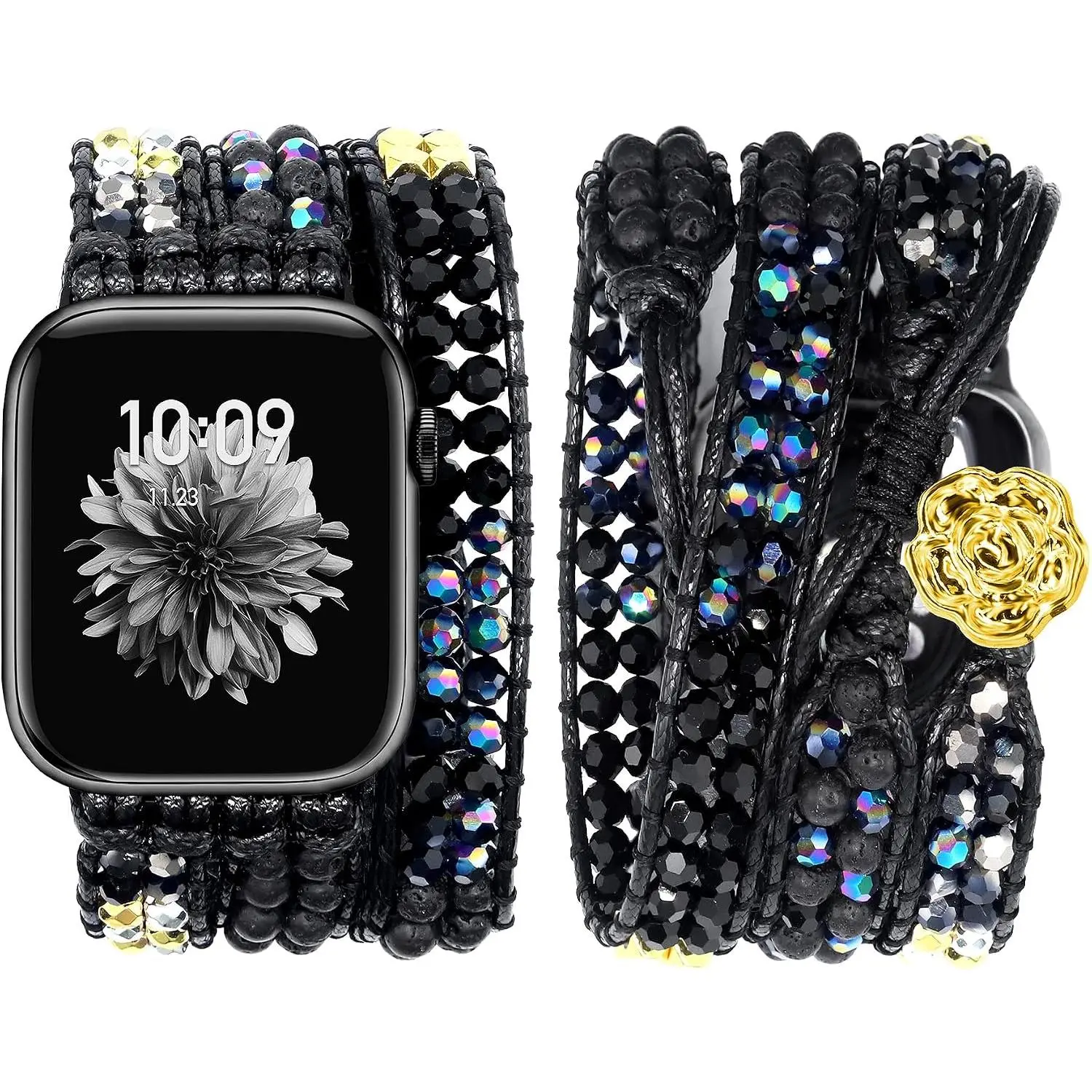 Boho Beaded Band Women Compatible with Apple Watch 42mm(S3/2/1) 44mm 45mm 46mm 49mm Black Volcanic Rock Stone Bracelet Adjustable Braided Strap for iWatch Series 11/10/9/8/7/6/5/4/SE 3/2/1/Ultra