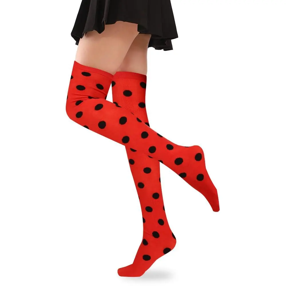 Women's Cute Polka Dot Thigh High Socks - Retro Red Ladybug Novelty Stockings, Soft Cotton Blend for Fashion & Cosplay, Matching, Fit, Comfortable, Breathable, Funny
